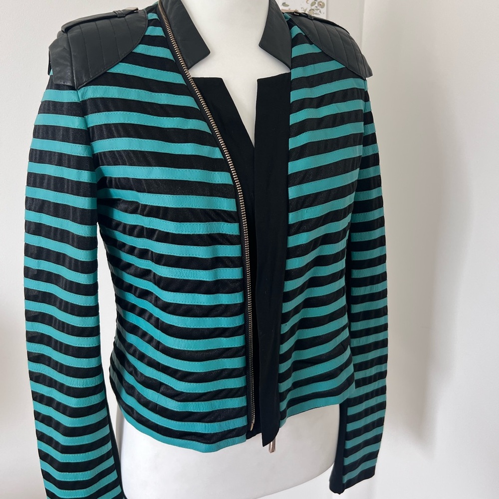 Vintage Striped Real Lamb Leather Moto Jacket Turquoise Teal Black Y2K Grunge S